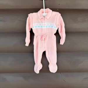 Vtg Collections 70s Acrylic Knit Baby Footed Zipper Sleeper 3/6 Month Pink Girl